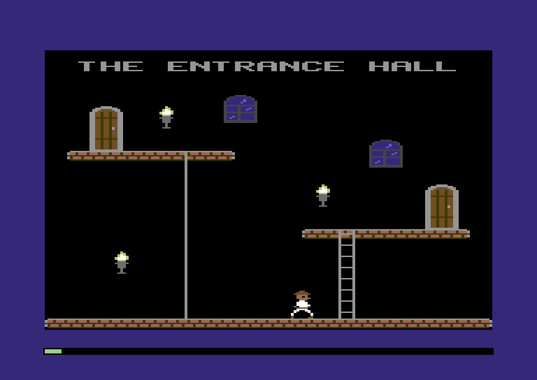 The Entrance Hall: a pink-brick floor, two walkways, a ladder, a sliding pole, two arched doors, windows and torches, and the explorer walking