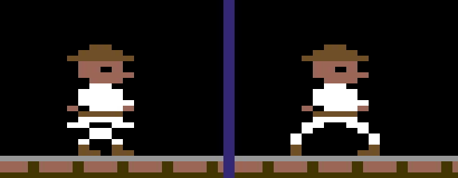 Two close-ups of the explorer. Left: torn, his hips in a wide stride and his feet together below them. Right: the same frame with double buffering, whole.