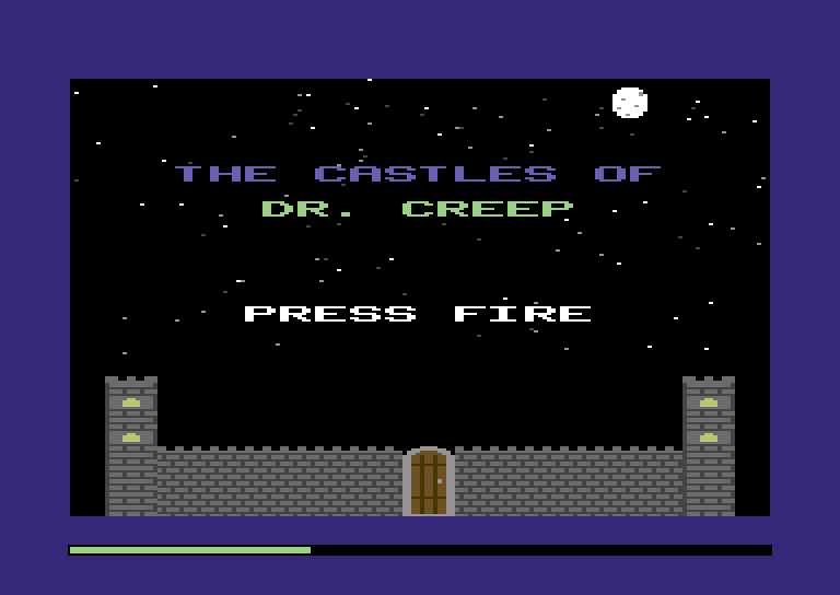 The Chapter 2 title screen: a starry sky, a round moon, the words THE CASTLES OF DR. CREEP and PRESS FIRE, and a grey castle with two towers and a wooden door