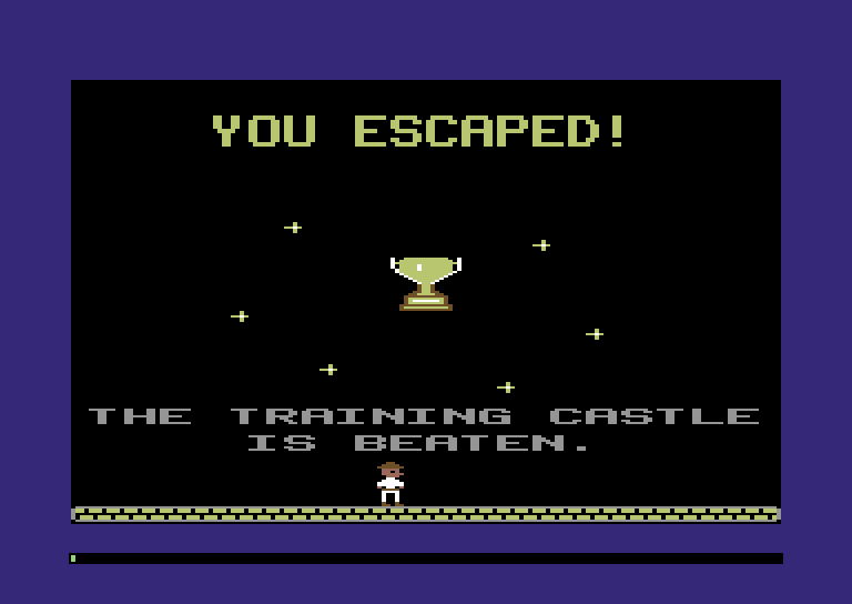 The final room: YOU ESCAPED! in tall yellow letters over a yellow trophy and six sparkles, the words THE TRAINING CASTLE IS BEATEN., a yellow floor and the explorer