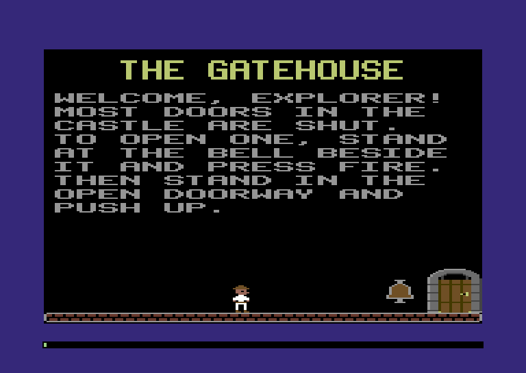 The Gatehouse: the title THE GATEHOUSE in tall yellow letters, nine lines of instructions, a red brick floor, an orange doorbell and a stone arch with a wooden door on the right
