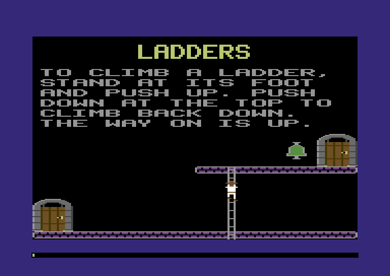 The Ladders room: the explorer halfway up a grey ladder, seen from behind, between a purple floor and an upper walkway that leads to a door on the right