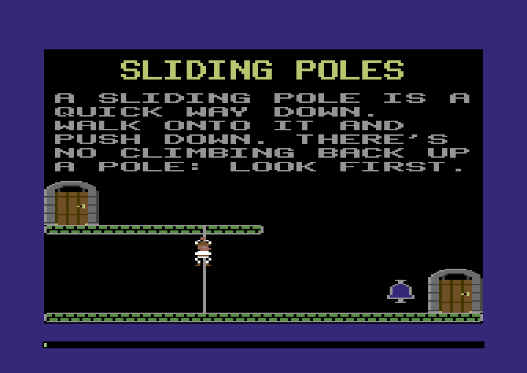 The Sliding Poles room: the explorer halfway down a grey pole, both hands gripping it above his hat and knees out round it, between a green upper walkway with a door on the left and the floor, with a doorbell and a door on the right