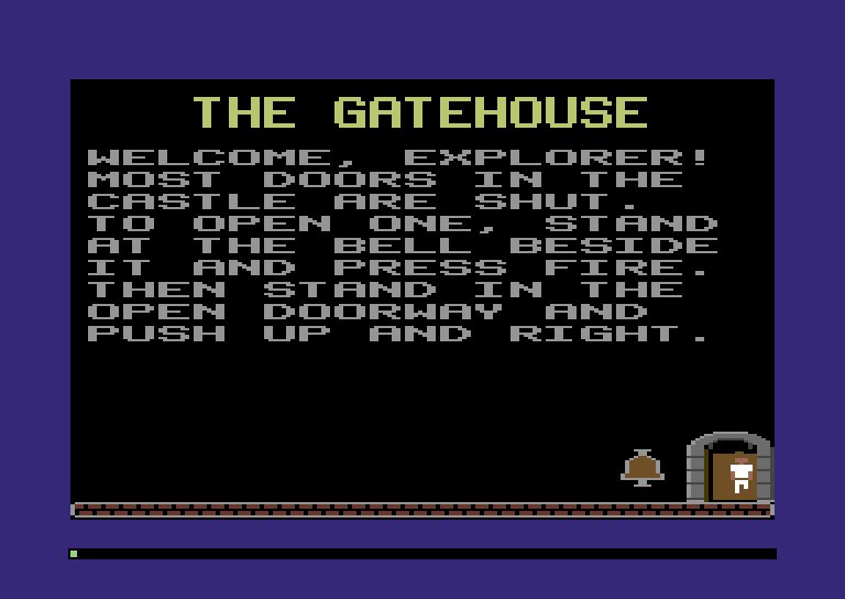The Gatehouse: the explorer seen from behind, stepping up into the open doorway, with the orange of the next room around him
