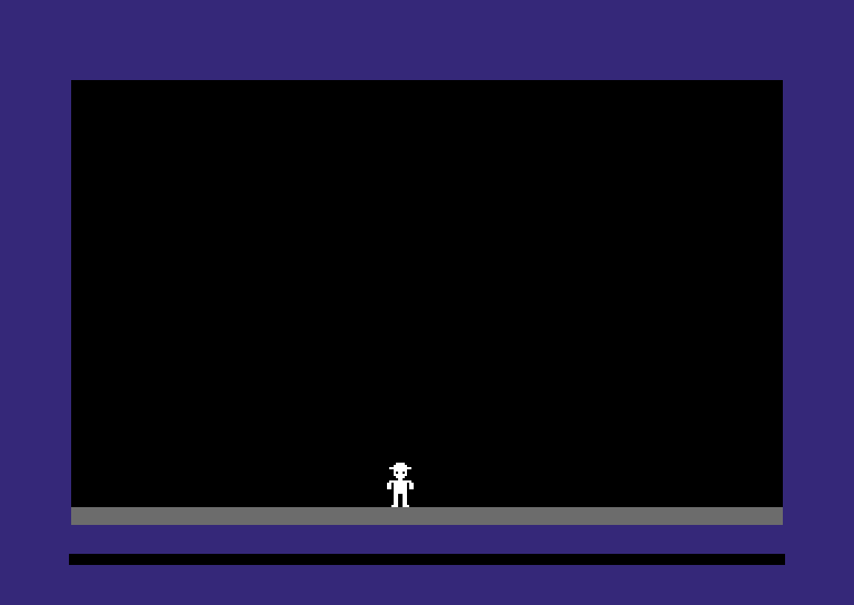 A lone white character standing on a gray floor: the first frame the emulator drew