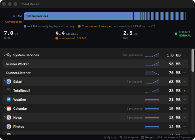 Total Recall's main window: the Memory River bar across the top, then app groups with sparklines and memory totals